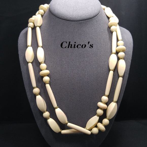 Chico’s Long Beige Beaded Necklace 52” Gold Tone Spacers Layered Boho Style - Picture 1 of 8
